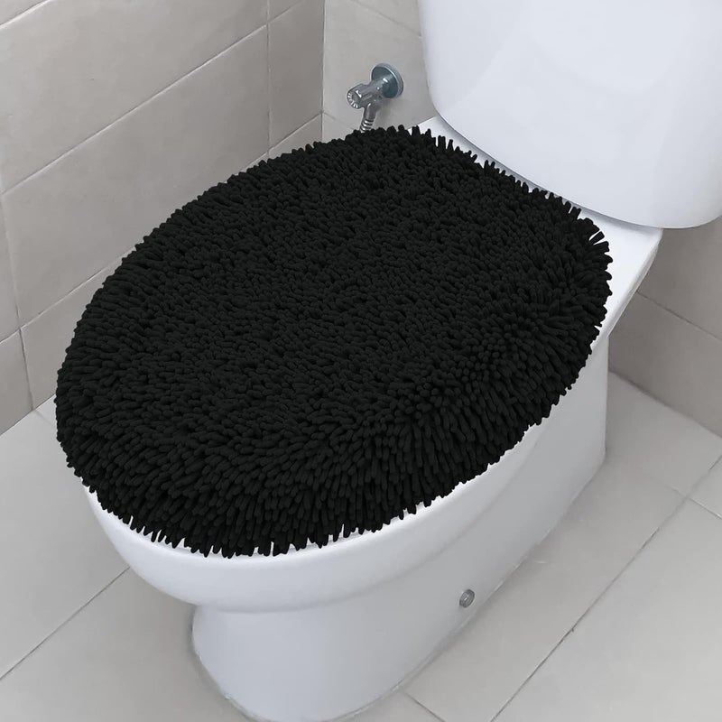 TREETONE Shaggy Chenille Bathroom Toilet Lid Cover, Ultra Soft Plush Seat Covers, Fluffy Absorbent, 19x21 Inches, Standard Toilet Lids for Bathroom Machine Wash & Dry, Black - Image 1